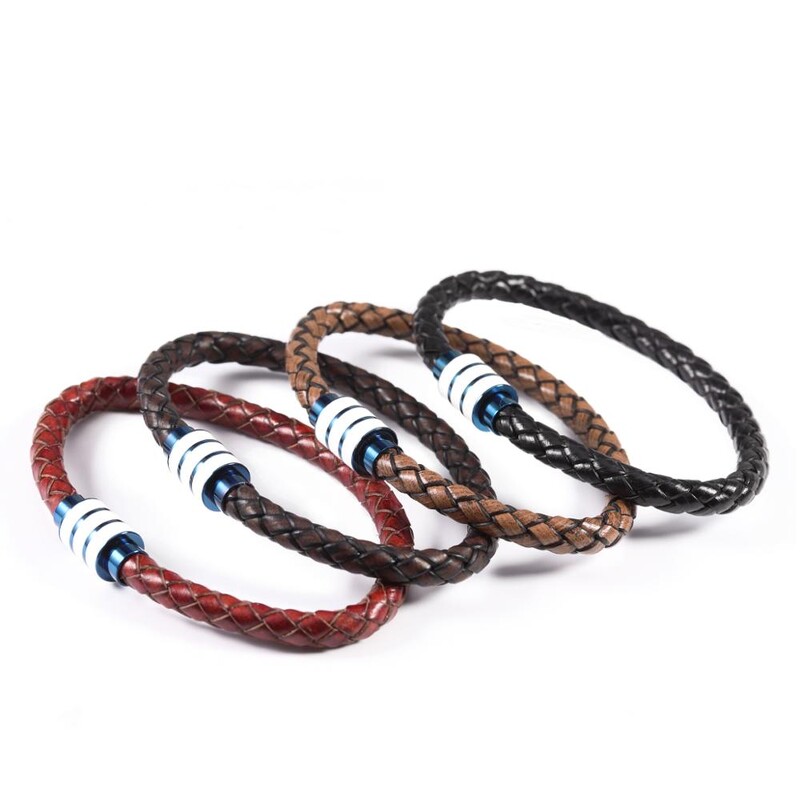 Brățară din piele naturală împletită, neagră, vintage, bărbați, femei, închizătoare magnetică din oțel inoxidabil, brățări pentru bărbați, bijuterii punk