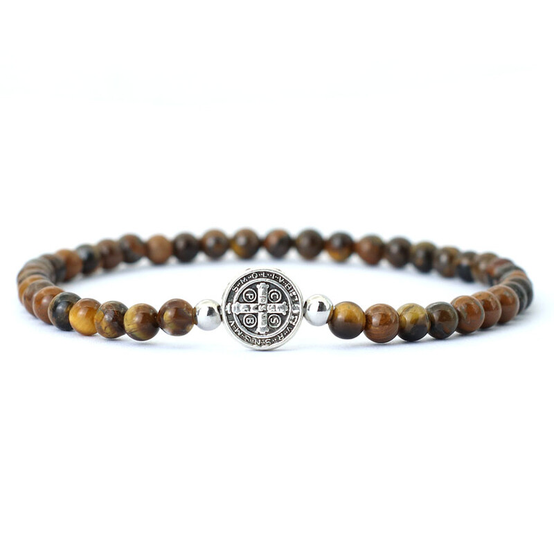 Noter Nový 4mm korálkový náramok pre mužov Minimalistický krížový náramok Prírodný tigrie oči Drevený náramok Meditácia Onyx kameň Brazalete