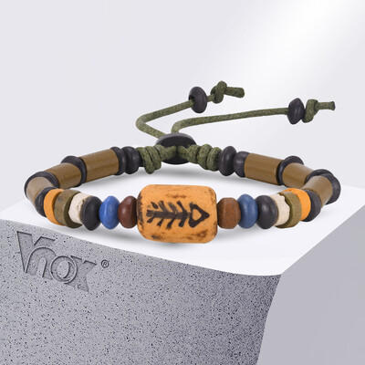 Vnox Fish Bone Beads žavios apyrankės vyrams, Moterys, Vintažinė retro etninė trigubų karoliukų apyrankė, Reguliuojami papuošalai