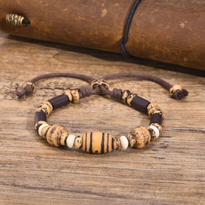 Vnox Fish Bone Beads žavios apyrankės vyrams, Moterys, Vintažinė retro etninė trigubų karoliukų apyrankė, Reguliuojami papuošalai