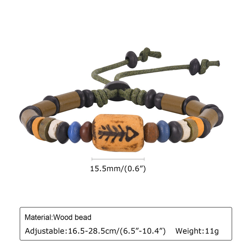 Vnox Fish Bone Beads žavios apyrankės vyrams, Moterys, Vintažinė retro etninė trigubų karoliukų apyrankė, Reguliuojami papuošalai