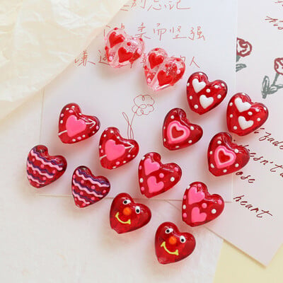 Lampwork Glass Heart Beads за Направи си сам Charm бижута Heart Love Red Dot Ръчно изработени около 20 mm x 19 mm, дупка: приблизително 1,8 mm, 2 бр.