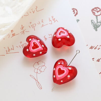Sklenené korálky v tvare srdca pre domácich majstrov, výroba šperkov s príveskami, červená bodka, ručne vyrobené, cca 20 mm x 19 mm, otvor: cca 1,8 mm, 2 ks