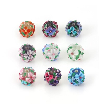 DoreenBeads Многоцветни Lampwork Glass Encased Floral Round Beads Flower Leaves for DIY Beads 13mm Dia Hole: Approx 2.5mm, 1 PC