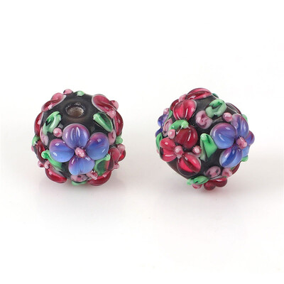 DoreenBeads Viacfarebné sklenené kvetinové okrúhle korálky s kvetinovými listami na výrobu korálkov s priemerom 13 mm, otvor: približne 2,5 mm, 1 ks.