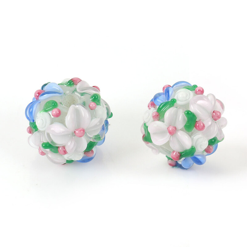 DoreenBeads Viacfarebné sklenené kvetinové okrúhle korálky s kvetinovými listami na výrobu korálkov s priemerom 13 mm, otvor: približne 2,5 mm, 1 ks.