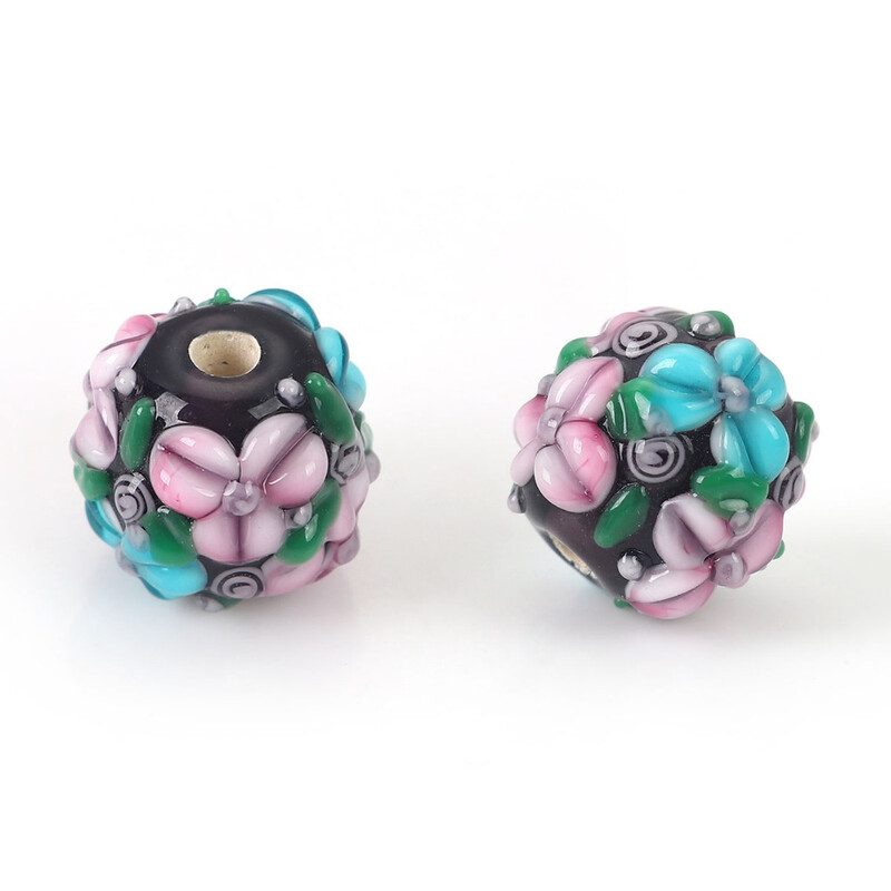 DoreenBeads Viacfarebné sklenené kvetinové okrúhle korálky s kvetinovými listami na výrobu korálkov s priemerom 13 mm, otvor: približne 2,5 mm, 1 ks.