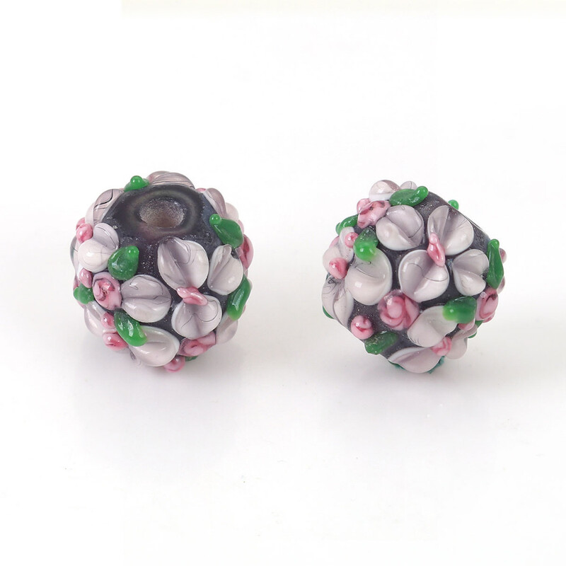 DoreenBeads Viacfarebné sklenené kvetinové okrúhle korálky s kvetinovými listami na výrobu korálkov s priemerom 13 mm, otvor: približne 2,5 mm, 1 ks.