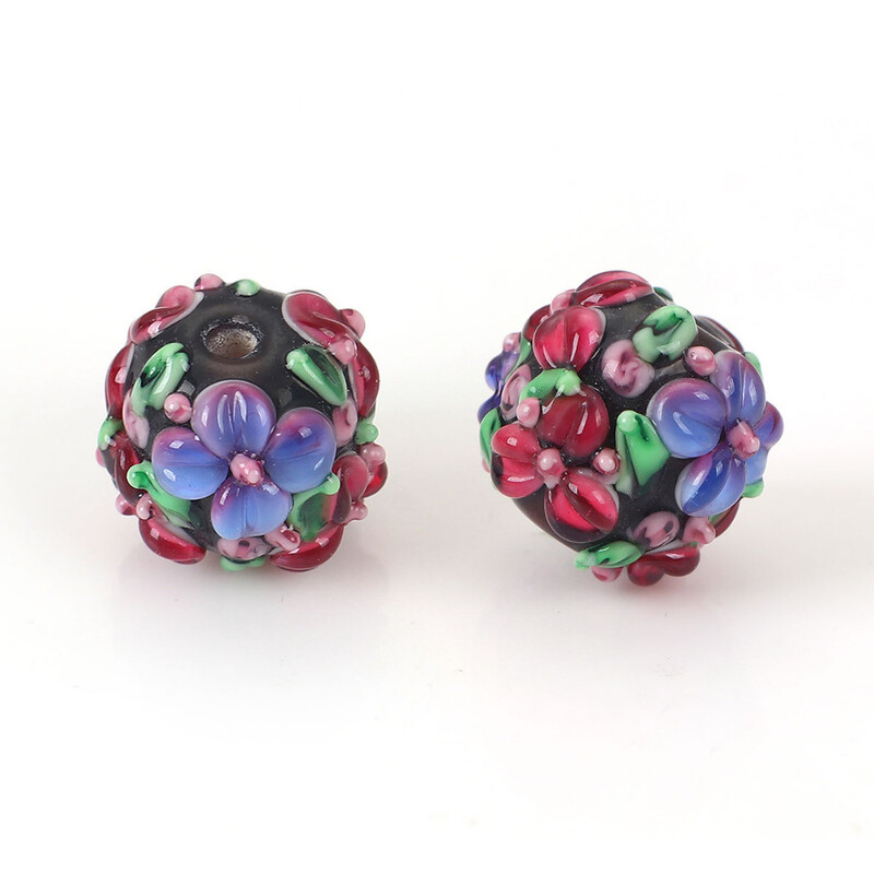 DoreenBeads Viacfarebné sklenené kvetinové okrúhle korálky s kvetinovými listami na výrobu korálkov s priemerom 13 mm, otvor: približne 2,5 mm, 1 ks.