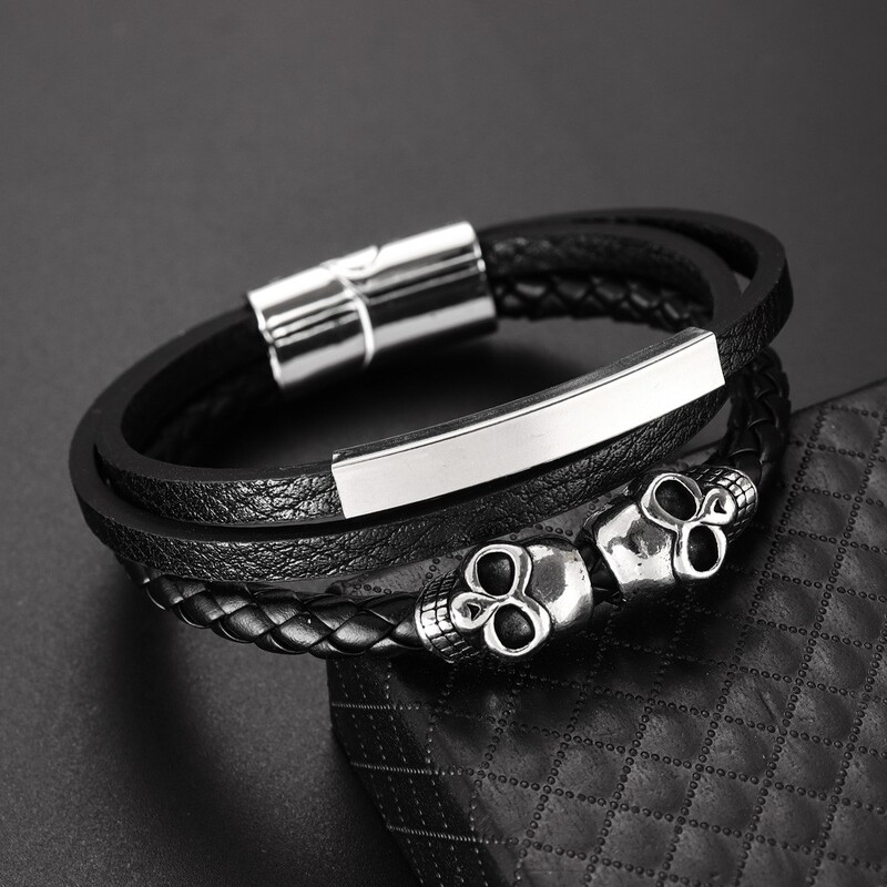 Vintage koponya többrétegű szőtt bőr karkötő prémium fém mágneses csat varázs férfi bőr karkötő ajándék nagykereskedés