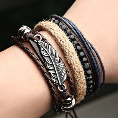 Brățări cu mai multe straturi Mărgele de epocă Brățări din piele împletite pentru bărbați Mărgele din lemn de farmec din arbore de viață de epocă