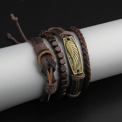 Brățări cu mai multe straturi Mărgele de epocă Brățări din piele împletite pentru bărbați Mărgele din lemn de farmec din arbore de viață de epocă