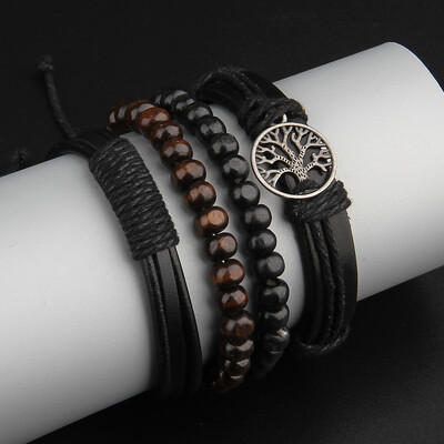 Brățări cu mai multe straturi Mărgele de epocă Brățări din piele împletite pentru bărbați Mărgele din lemn de farmec din arbore de viață de epocă