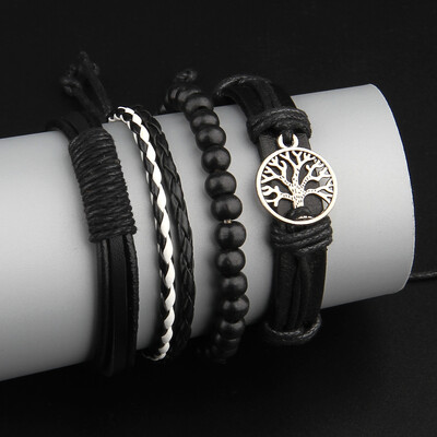 Brățări cu mai multe straturi Mărgele de epocă Brățări din piele împletite pentru bărbați Mărgele din lemn de farmec din arbore de viață de epocă
