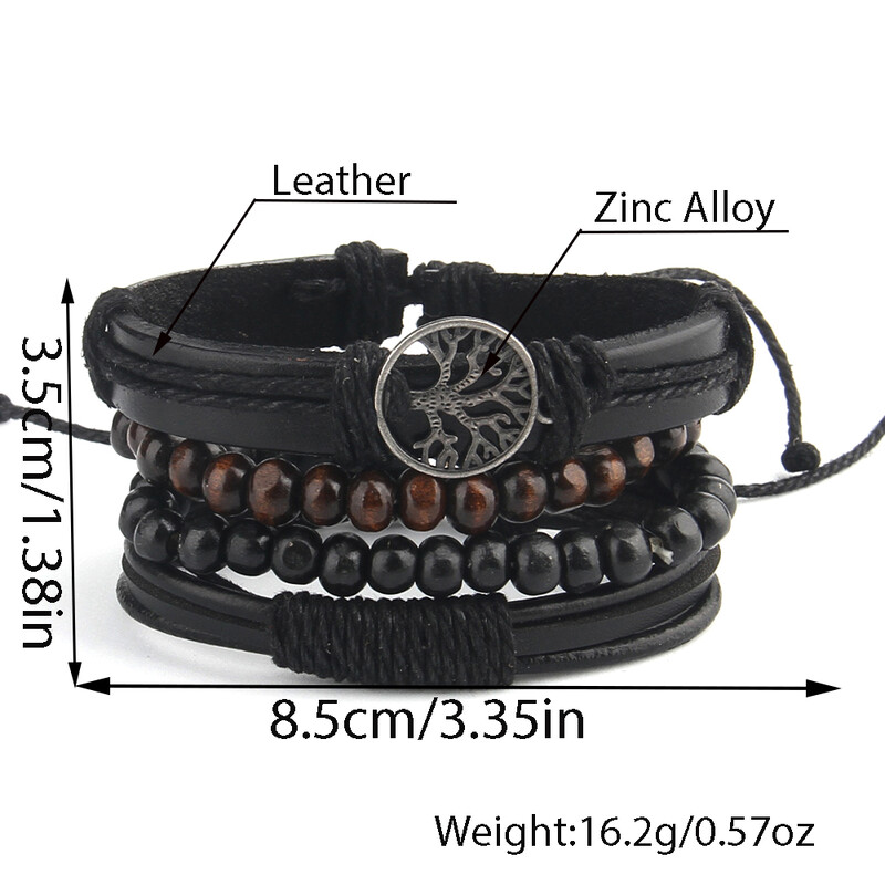 Brățări cu mai multe straturi Mărgele de epocă Brățări din piele împletite pentru bărbați Mărgele din lemn de farmec din arbore de viață de epocă