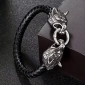 Retro vikingský kožený náramok s dvojitou vlčou hlavou pre mužov, osobný prívesok, šperky, doplnky pre pouličné párty