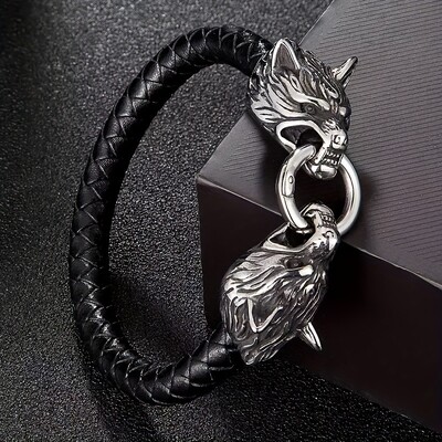 Retro Viking dubultā vilka galvas ādas rokassprādze vīriešiem Personality Charm Jewelry Street Party aksesuāri