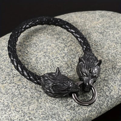 Retro vikingský kožený náramok s dvojitou vlčou hlavou pre mužov, osobný prívesok, šperky, doplnky pre pouličné párty
