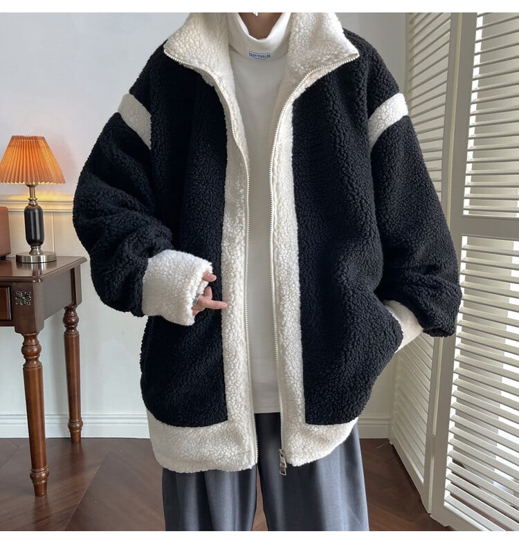 2022, nou stil de iarnă, lână de miel, culoare contrastantă, jachetă îngroșată, pentru tineret, fleece, dimensiune mare, haină largi din bumbac