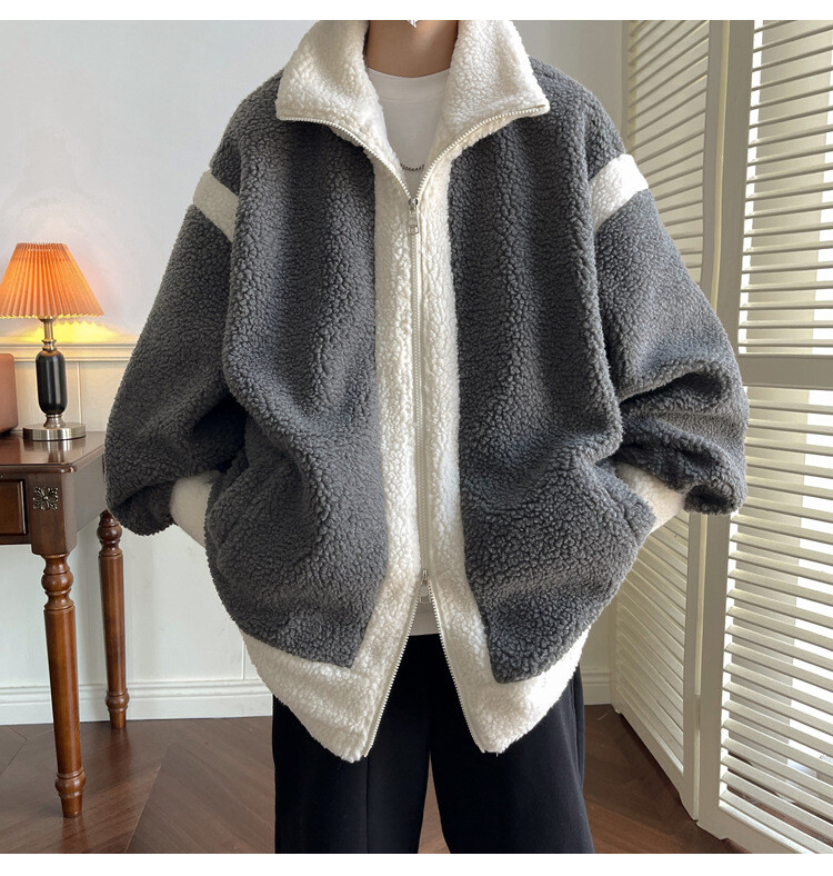 2022, nou stil de iarnă, lână de miel, culoare contrastantă, jachetă îngroșată, pentru tineret, fleece, dimensiune mare, haină largi din bumbac