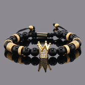 Luxus természetes kő gyöngyök rozsdamentes acél korona varázsa férfi karkötő női kézi ékszer ajándék