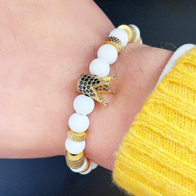 Luxus természetes kő gyöngyök rozsdamentes acél korona varázsa férfi karkötő női kézi ékszer ajándék