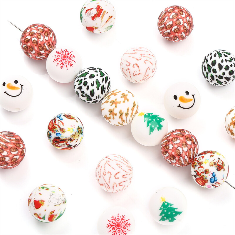 15mm 5 buc Stil amestecat Diverse elemente de Crăciun Mărgele de silicon imprimate Fabricarea de bijuterii DIY cu margele Accesorii decorative