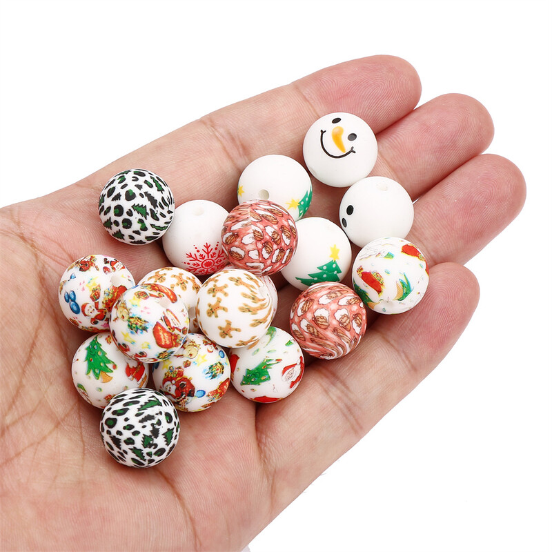 15mm 5 buc Stil amestecat Diverse elemente de Crăciun Mărgele de silicon imprimate Fabricarea de bijuterii DIY cu margele Accesorii decorative