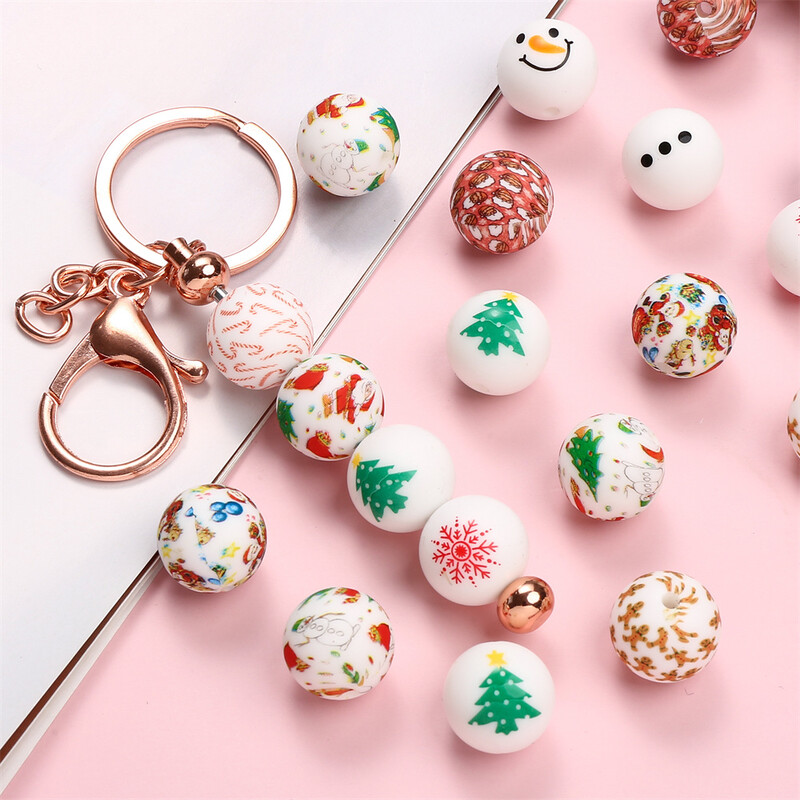 15mm 5 buc Stil amestecat Diverse elemente de Crăciun Mărgele de silicon imprimate Fabricarea de bijuterii DIY cu margele Accesorii decorative