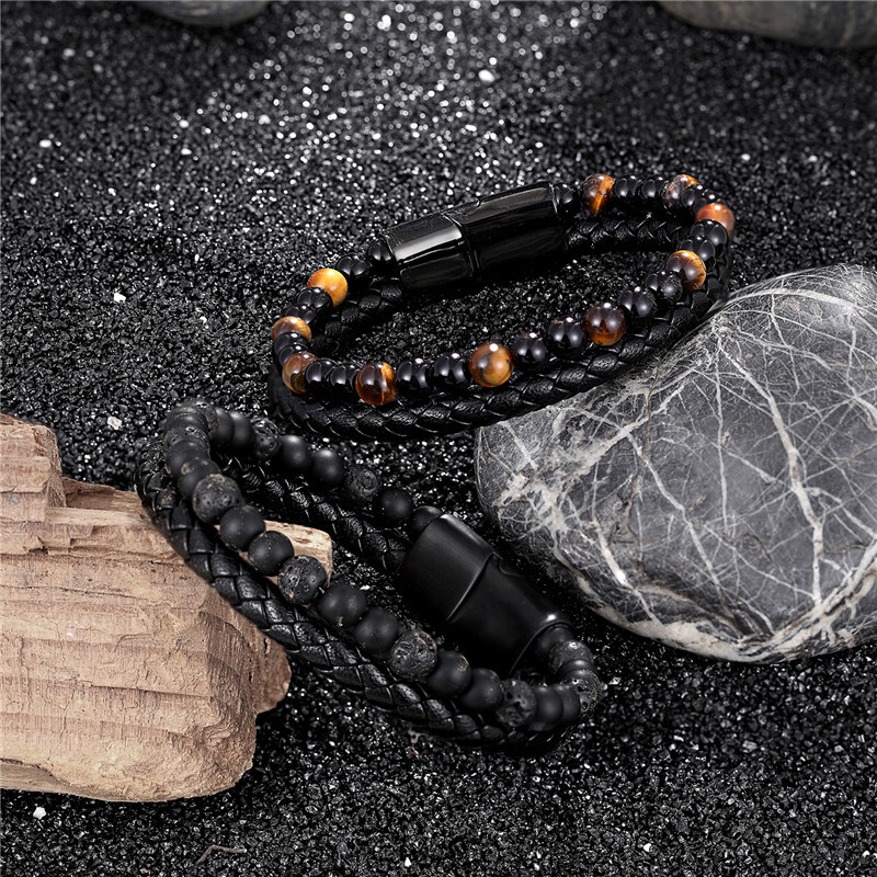 MKENDN vulkaninio akmens karoliukais papuošta daugiasluoksnė odinė apyrankė vyrams žavinga nerūdijančio plieno magnetinio užsegimo apvyniojama apyrankės papuošalų dovanos