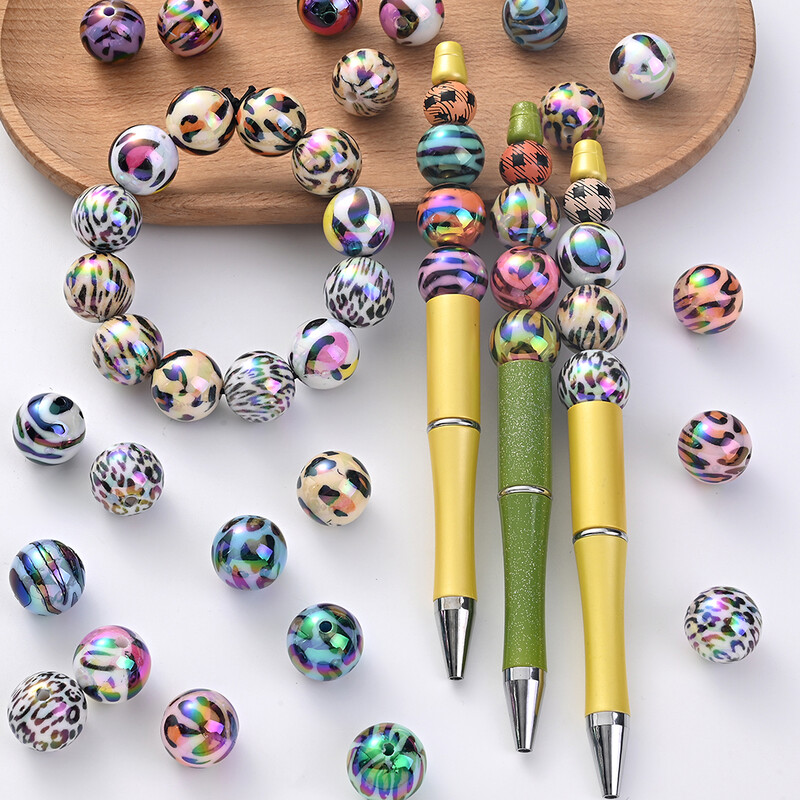 16mm 10 buc/lot margele acrilice cu imprimeu leopard. margele distanțiere personalizate strălucitoare pentru brățară bricolaj, lanț de telefon, accesorii pentru breloc
