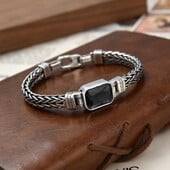 HX Strieborný farebný párový štýl Ručne pletený náramok Starý vintage čierny kameň Pánske personalizované všestranné 5MM retiazkové módne šperky