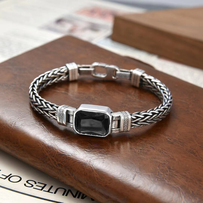HX Strieborný farebný párový štýl Ručne pletený náramok Starý vintage čierny kameň Pánske personalizované všestranné 5MM retiazkové módne šperky