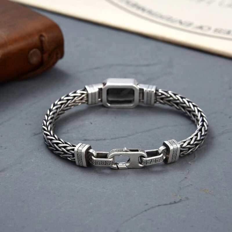 HX Strieborný farebný párový štýl Ručne pletený náramok Starý vintage čierny kameň Pánske personalizované všestranné 5MM retiazkové módne šperky