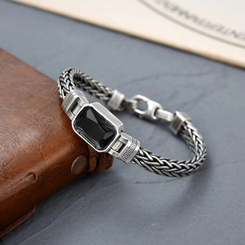 HX Strieborný farebný párový štýl Ručne pletený náramok Starý vintage čierny kameň Pánske personalizované všestranné 5MM retiazkové módne šperky