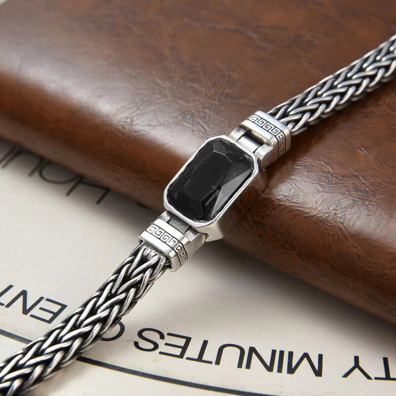 HX Strieborný farebný párový štýl Ručne pletený náramok Starý vintage čierny kameň Pánske personalizované všestranné 5MM retiazkové módne šperky