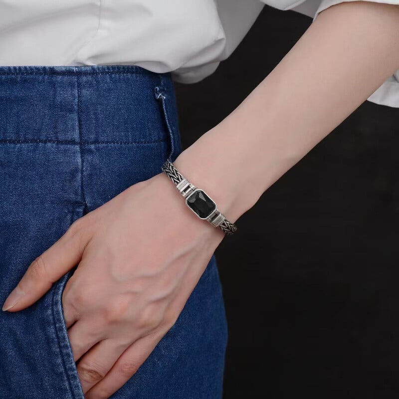 HX Strieborný farebný párový štýl Ručne pletený náramok Starý vintage čierny kameň Pánske personalizované všestranné 5MM retiazkové módne šperky