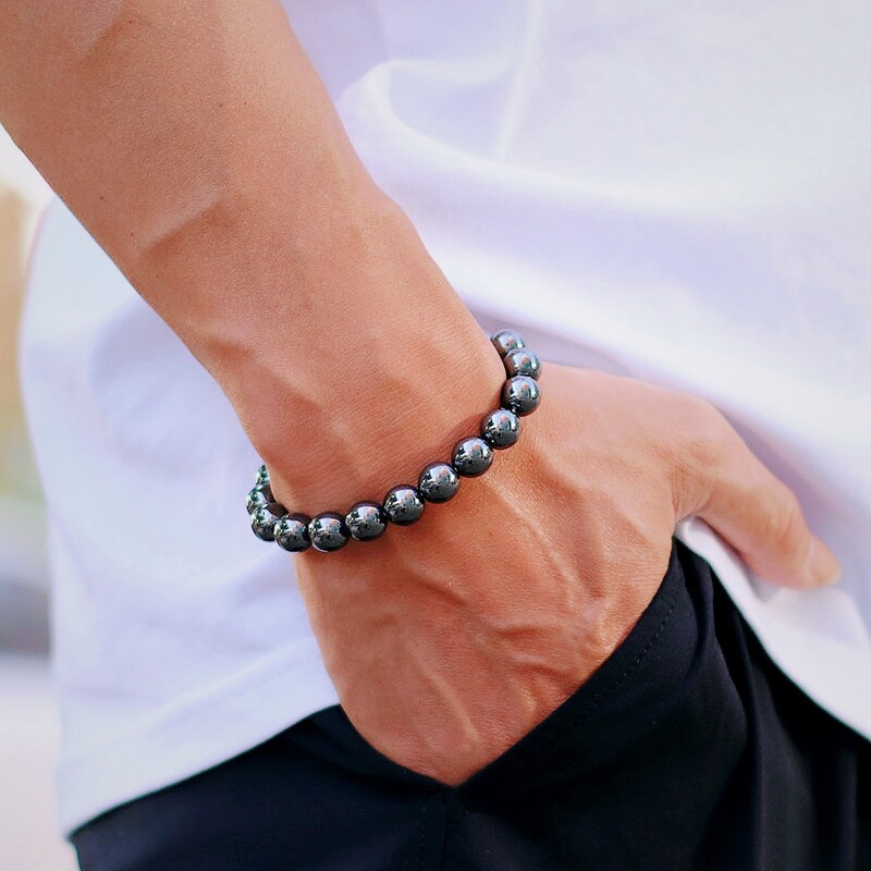 Új valódi természetes hematit köves férfi karkötő 4/6/8/10/12mm fekete, kerek szálú melltartó szabadidős kiegészítők Erkek Bileklik