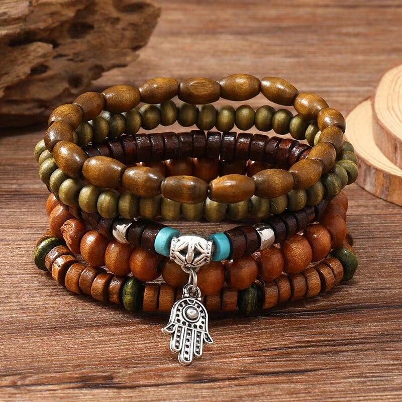 4-6 bucăți/set etnic verde cruce New Fashion Tree Life hamsa mână frunze Charms Brățări bărbați din lemn mărgele bijuterii cu ridicata cadou
