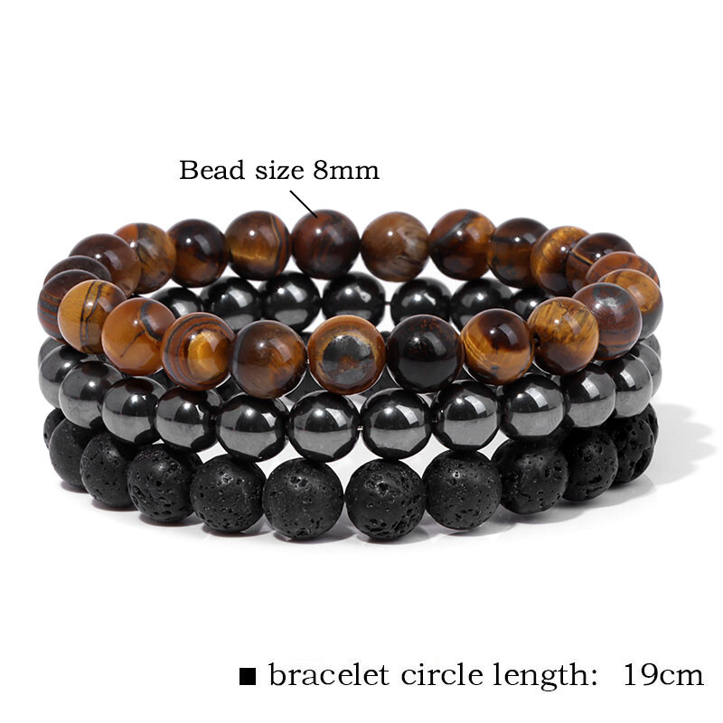 Vintažinė vyrų akmeninė apyrankė 3 vnt. Natūralaus haulito lavos tigro akis hematito karoliukų tempimo apyrankių rinkinys Gydomosios energijos papuošalų dovana