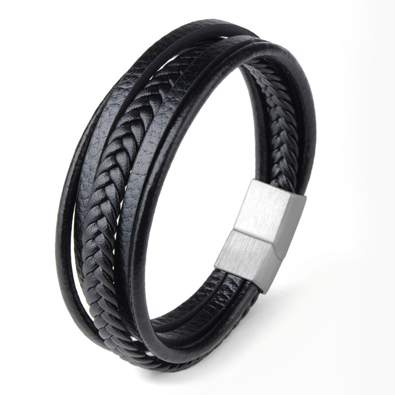 Divatos valódi bőr karkötő férfi rozsdamentes acél mágnescsatos többrétegű fonott karkötők férfi női karkötő ékszerekhez