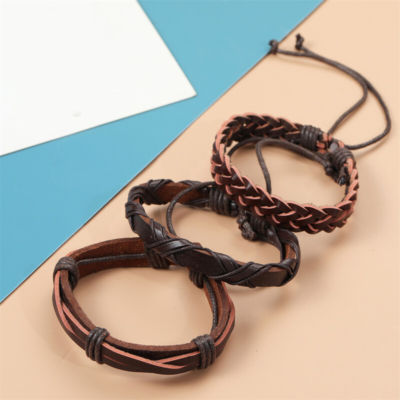 5 db/Szett Trend ékszer kézzel készített szövés valódi bőr karkötő férfi vintage mandzsetta bőr karkötő Pulsera Hombre