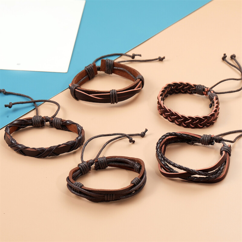 5 db/Szett Trend ékszer kézzel készített szövés valódi bőr karkötő férfi vintage mandzsetta bőr karkötő Pulsera Hombre