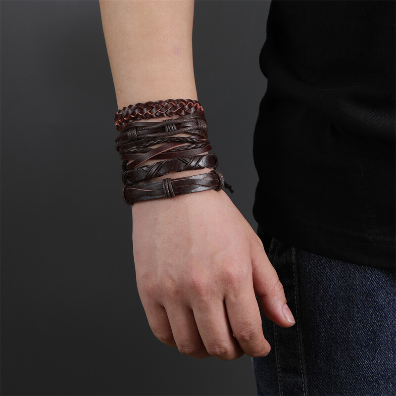 5 db/Szett Trend ékszer kézzel készített szövés valódi bőr karkötő férfi vintage mandzsetta bőr karkötő Pulsera Hombre