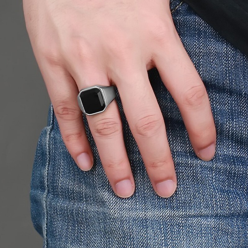 Vantage Prsten pečatnjak od crnog oniksa, muški, klasični, obični četvrtasti muški Anel prsten od nehrđajućeg čelika