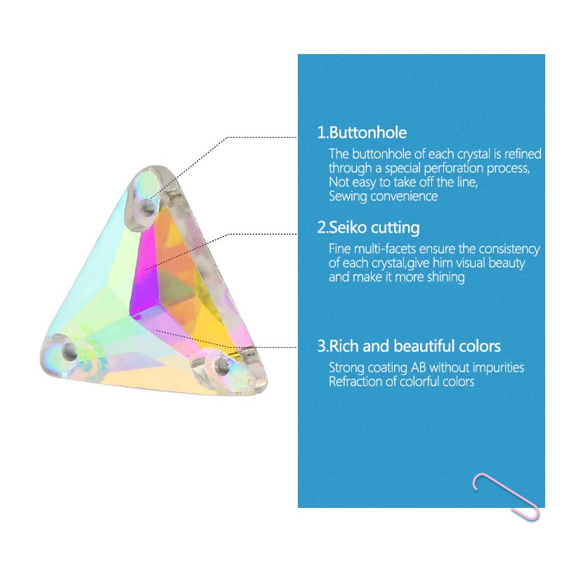 QL Crystal Sew On Rhinestone Clear AB Crystal Glass Crystal Triangles lapos hátú varrógomb barkácsoláshoz Ruhatáska cipőkhöz