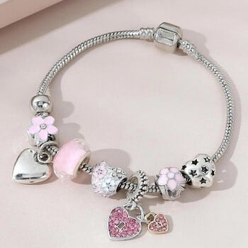 Obega Love Heart Flower Glass Pendant Charm Bracelet Classic Pink White Crystal Stone Регулируема гривна от мъниста Сребърен златен цвят