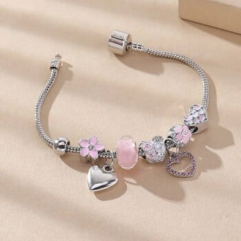 Obega Love Heart Flower Glass Pendant Charm Bracelet Classic Pink White Crystal Stone Регулируема гривна от мъниста Сребърен златен цвят