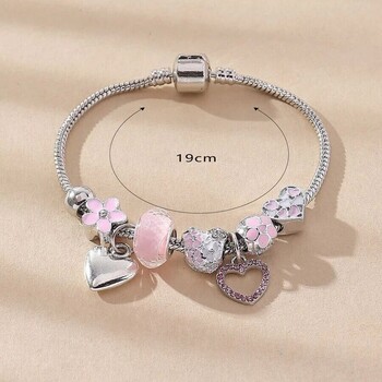 Obega Love Heart Flower Glass Pendant Charm Bracelet Classic Pink White Crystal Stone Регулируема гривна от мъниста Сребърен златен цвят