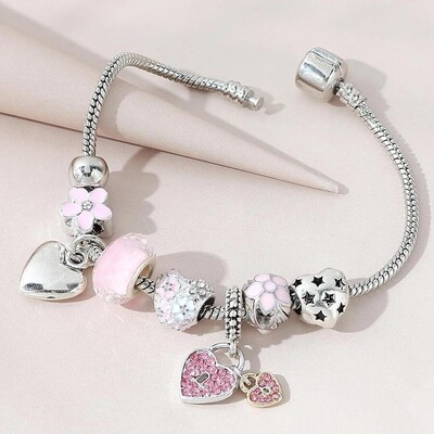 Obega Love Heart Flower Glass Pendant Charm Bracelet Classic Pink White Crystal Stone Регулируема гривна от мъниста Сребърен златен цвят